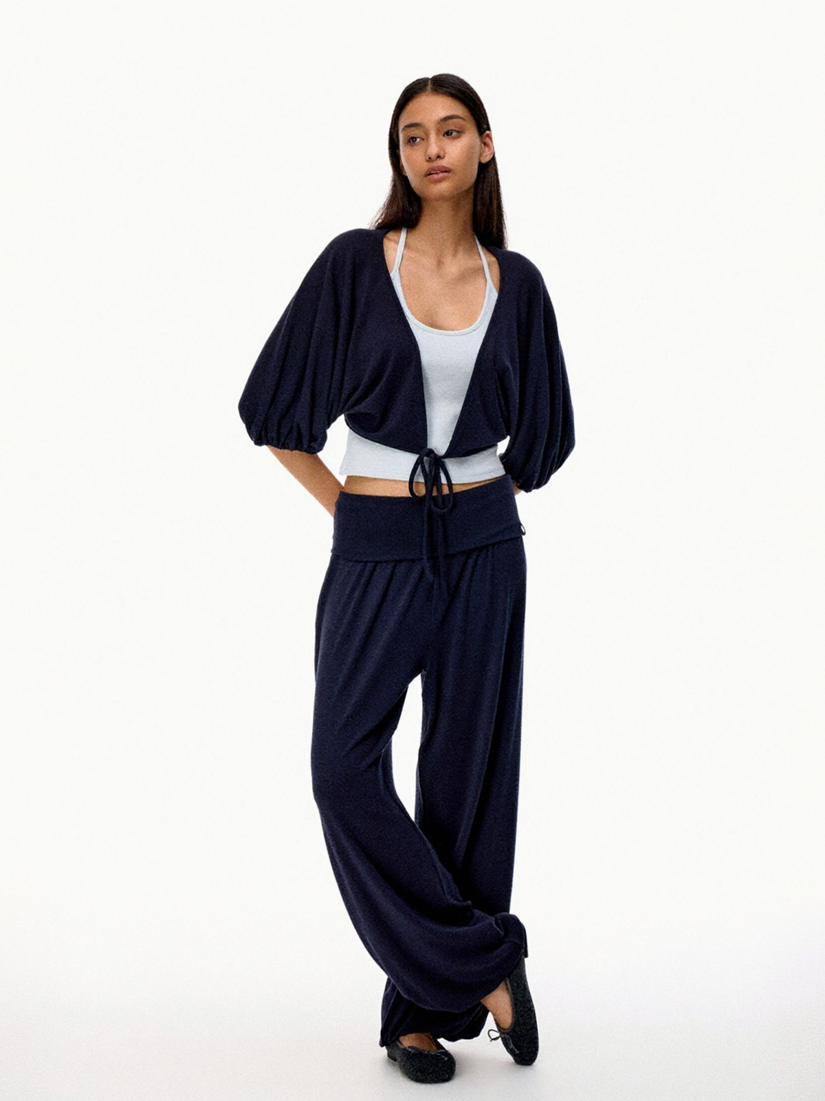SilkTouch – Damen-Strickset mit Kontrast-Ballonärmeln und verkürztem Schnitt