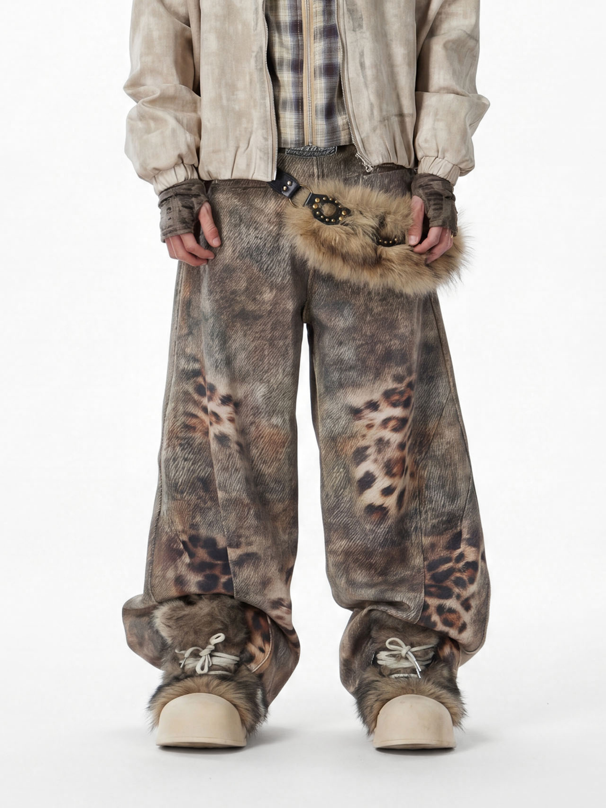BeltSkip – Unisex 3D-gedruckte Distressed-Hose im Leopard-Design mit geschwungenem Beinverlauf