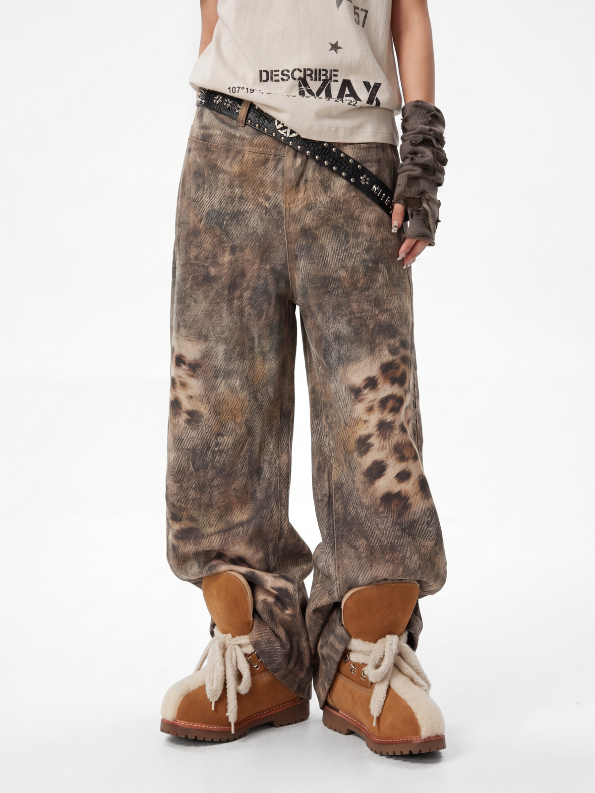 BeltSkip – Unisex 3D-gedruckte Distressed-Hose im Leopard-Design mit geschwungenem Beinverlauf