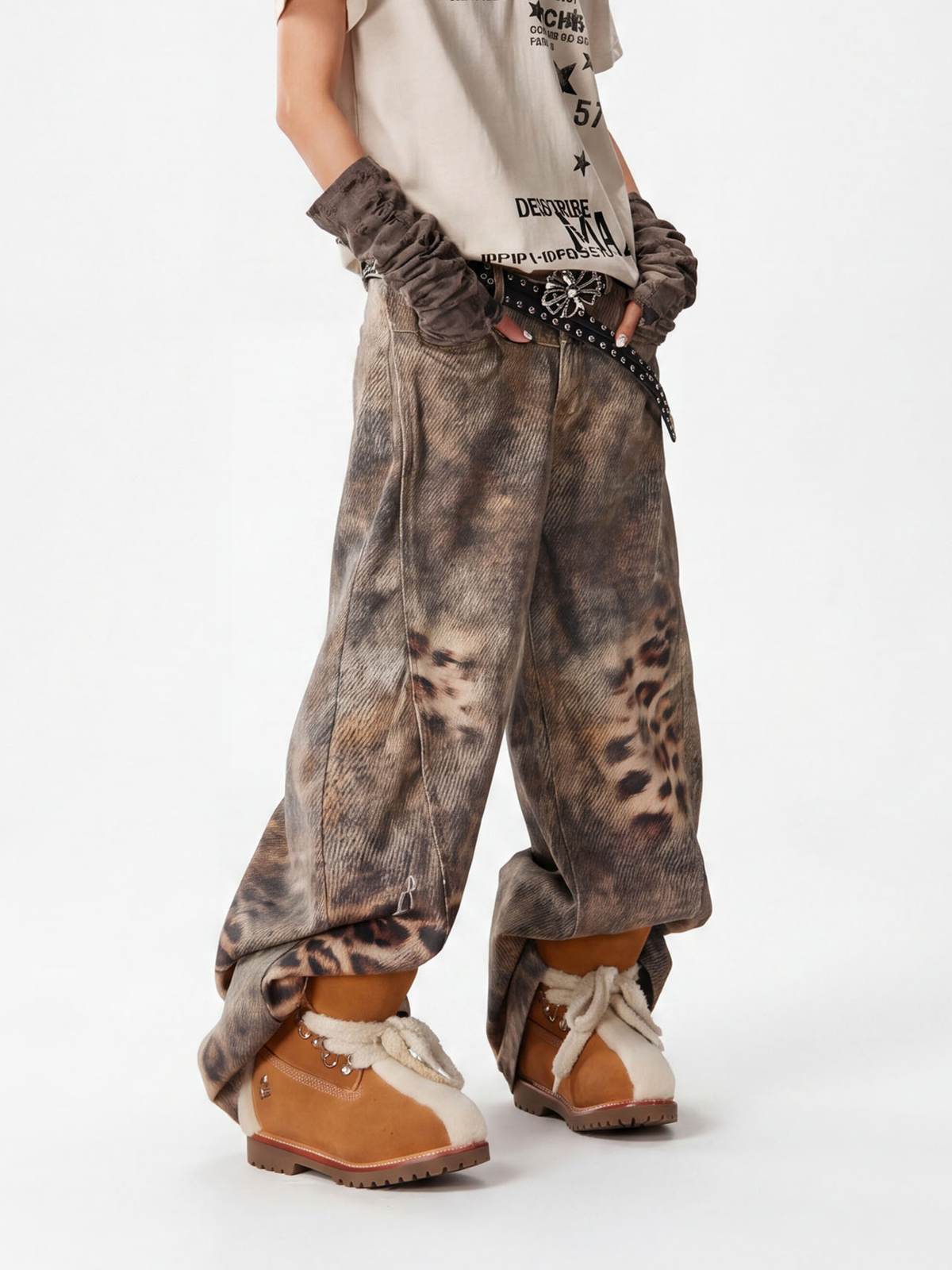 BeltSkip – Unisex 3D-gedruckte Distressed-Hose im Leopard-Design mit geschwungenem Beinverlauf