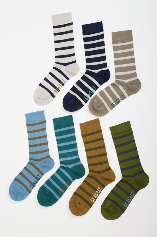 Geschenkbox mit 7 Paar gestreiften Herrensocken im Matrosenstil